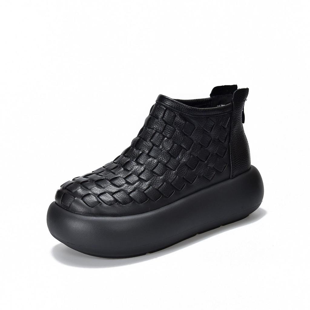 Women's Retro Handmade Genuine Leather Platform Ankle Boots - 2025 Design, Knitted Thick Sole, First Layer Cowhide Cotton Boots