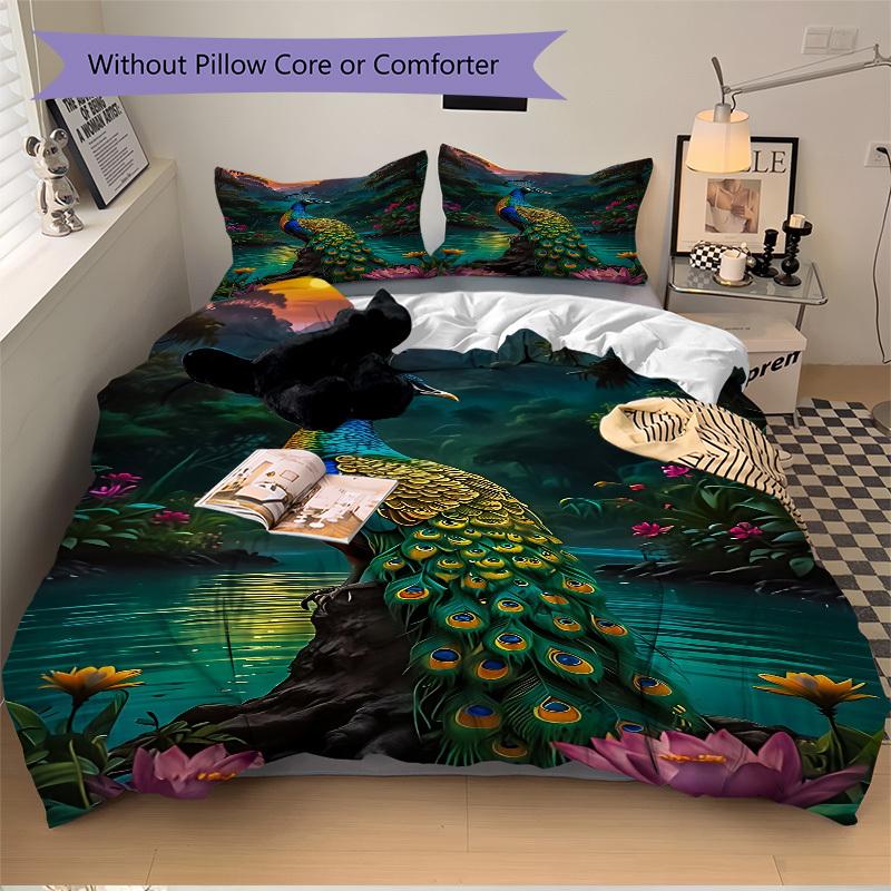 3pcs Peacock Nature Scene Duvet Cover Set - Machine Washable, Includes 1 Cover and 2 Pillowcases, No Core Included yy251013129