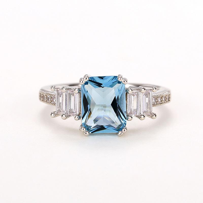 Copper inlaid imitation sea blue zircon ring, European beautiful women's engagement ring