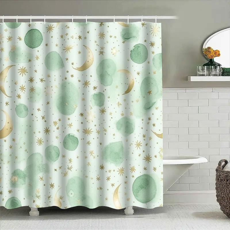 Charming Moonlight Blue Green Shower Curtain With Golden Stars For Bathroom Decor Waterproof Fabric Perfect Gift Idea For Home