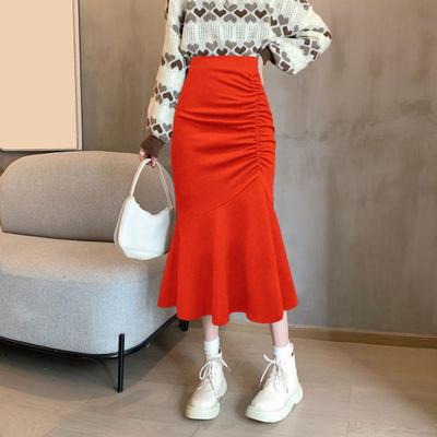 Women Fishtail Skirt High Waist Slim Fit Hip Wrapped Midi Skirt with Large Hem Solid Color Office Lady Skirt