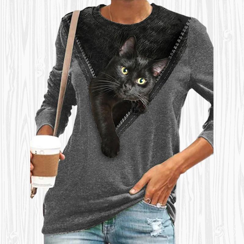 

Женские осенние топы, свободная футболка с котом и принтом кота под молнией, повседневная футболка с длинными рукавами, топ, блузка 4XL серый
