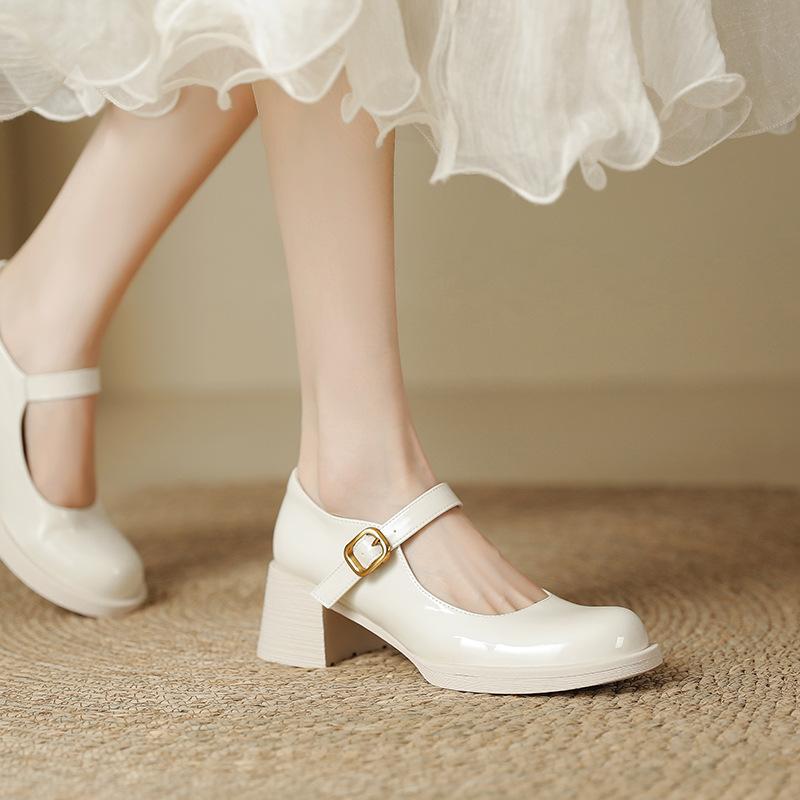2025 New Korean Version One-word with High Heels and Light Mouth Single Shoes French Temperament Mary Jane Shoes Women's Spring Comfort and Versatil