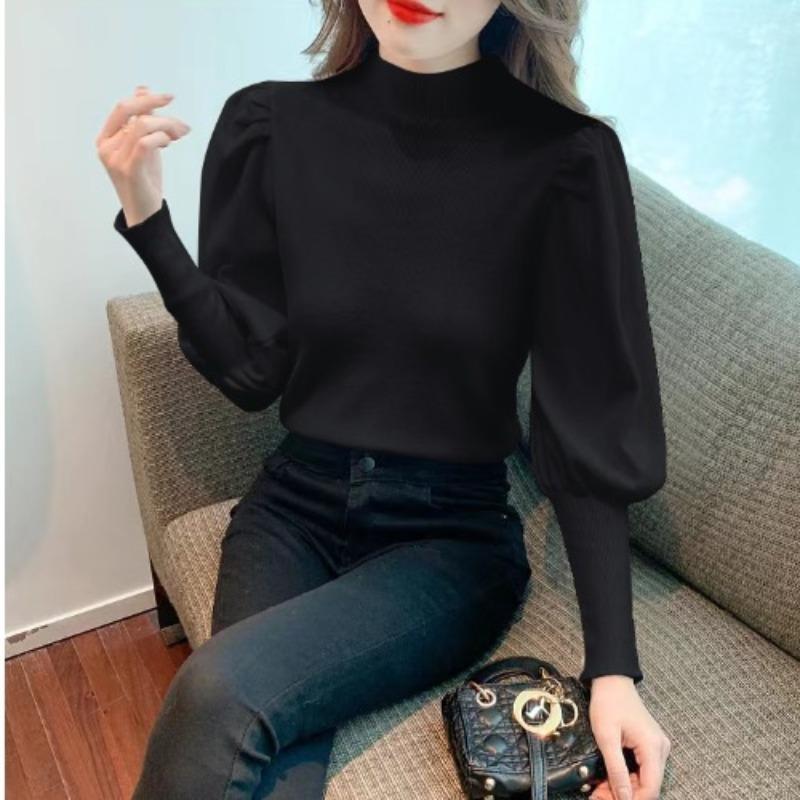 Semi-turtleneck Sweater Knitted Sweater Women's Autumn and Winter New Lantern Sleeve Bottoming Shirt Inner Top