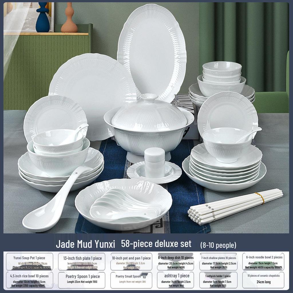 Jingdezhen High-Value White Porcelain Tableware Set: Underglaze Color Relief Bowl and Plate Collection
