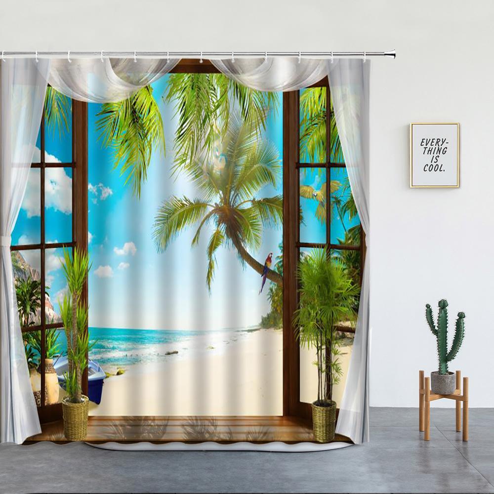 Beach Palm Trees Shower Curtains Sunset Island Hawaii Ocean Natural Landscape Polyester Bathroom Decor Cloth Bathtub Curtain Set