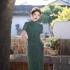 1011 Spring and Summer New Mesh Printing Double-layer Long Cheongsam New Chinese Style Green Temperament Slim Cheongsam Women