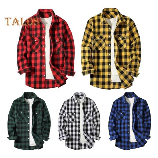 Fall Winter Men Shirt Coat Plaid Print Long Sleeves Chest Pocket Turn-down Collar Single-breasted Loose Contrast Color Jacket