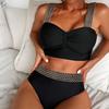 Solid Black Spaghetti Strap Backless Two-Piece Swimsuit