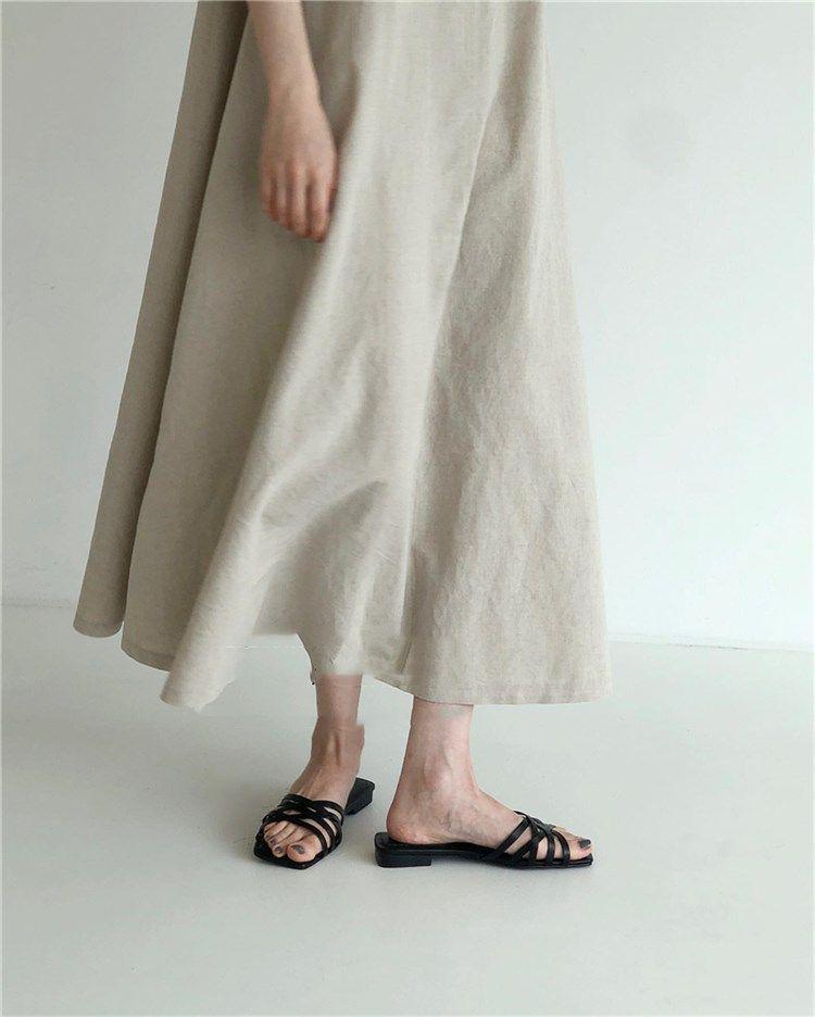 Korean Sleeveless Loose Fit Cotton Linen Dress with Wide Hem