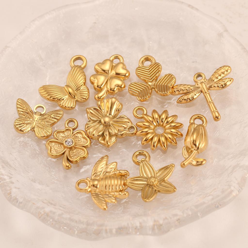 3Pcs Rose Flower/Daisy/Clover/Bee/Butterfly Charms Stainless Steel Pendant DIY Necklace Bracelet Earring Jewelry Making Finding