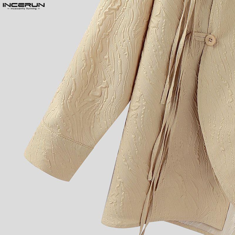 INCERUN Oversized Men Turn Down Collar Long Sleeve Side Cross Irregular Texture Shirts Tops