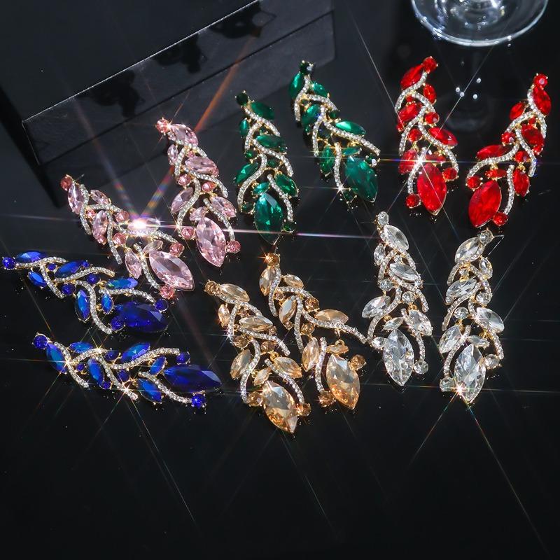 Color Shiny Glass Rhinestone Leaf Earrings Women's, Personalized Crystal Stud Earrings Earrings