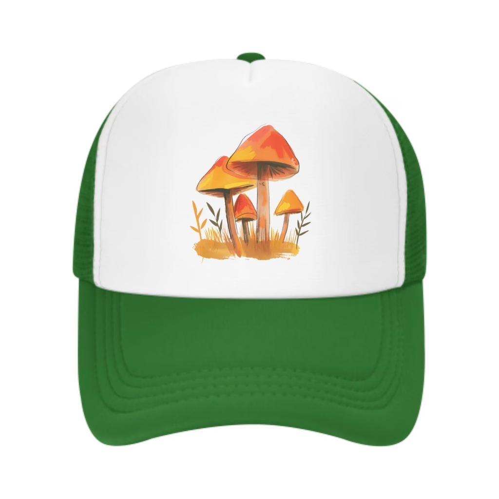 Orange Mushroom Print Trucker Hat Unisex Polyester Mesh Baseball Cap Adjustable Summer Cap