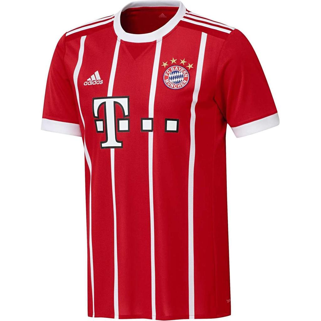 Adidas Bayern Munich 17-18 Home Game Replica Striped Round Neck Straight Cut Short Sleeve Soccer Jersey Men Tops Red AZ7961