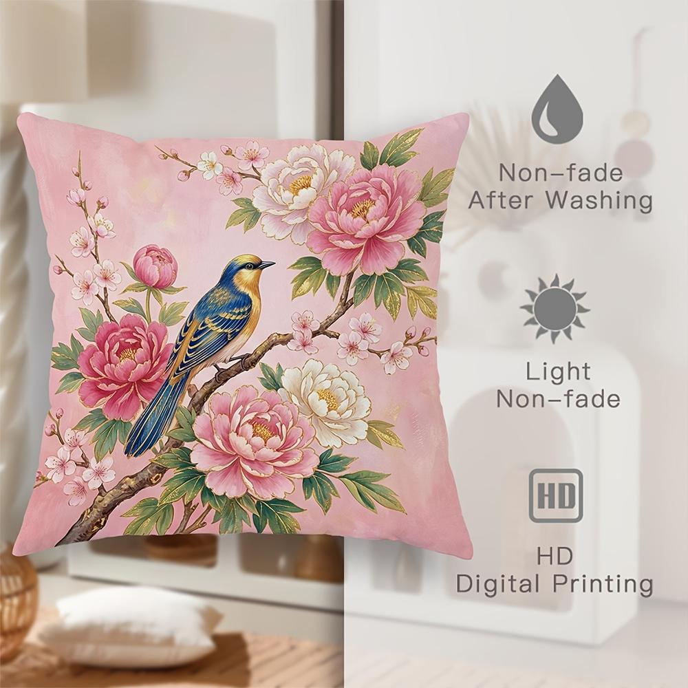 1/4pcs 2D Flat- Chinoiserie Pink Floral & Songbird Throw Pillow Covers Home farmhouse outdoor decoration cushion cover