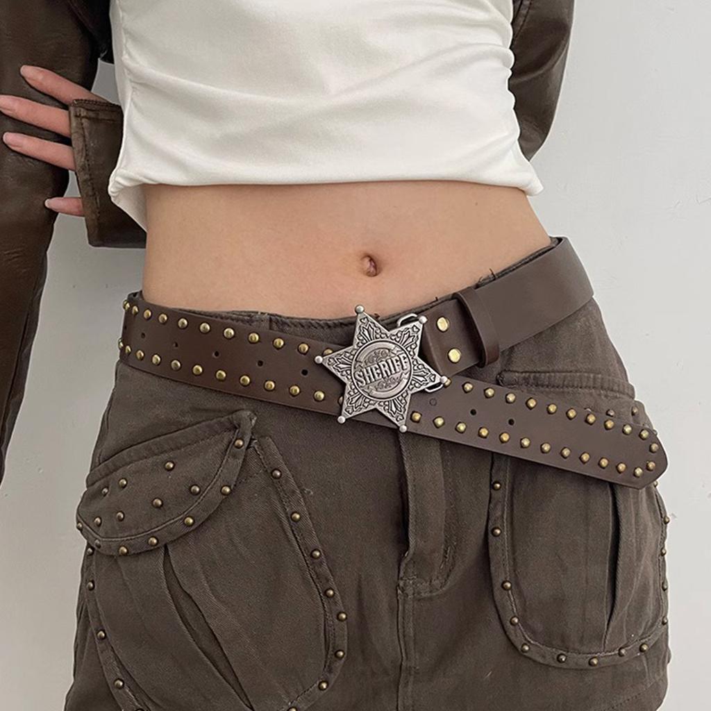 Harajuku Adult Waist Belt with Carved Buckle Alloy Rivet Waistband PU Waist Belts for Women Universal Pants Belt