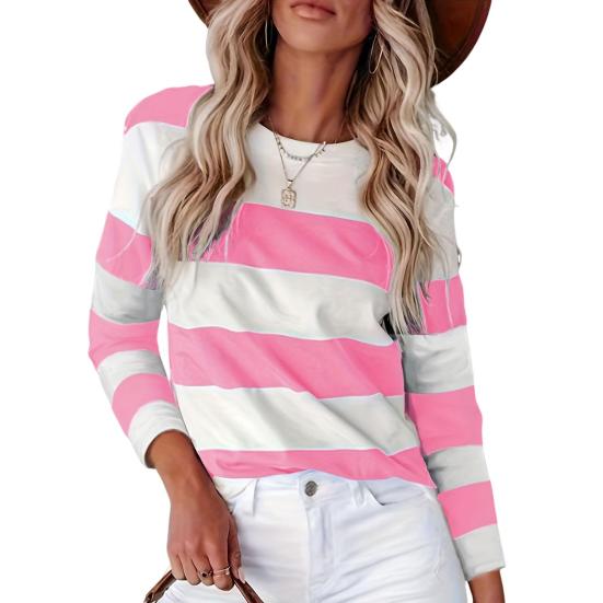 

Женский пуловер, топы, цветные блоки, полосатый принт, круглый вырез, длинный рукав, толстовка, повседневная блузка, повседневная одежда XL розовый