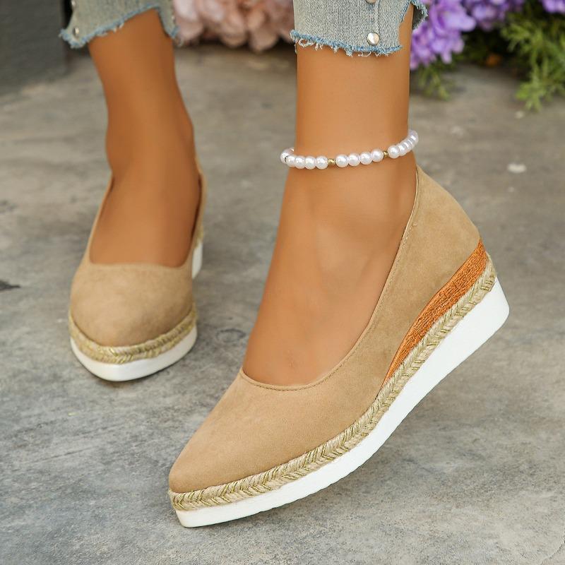 

Туфли-лодочки на танкетке женские одинарные туфли плетеные из пеньки подошвы, легкие и удобные, с мелким вырезом и острым носком 43 абрикосовый