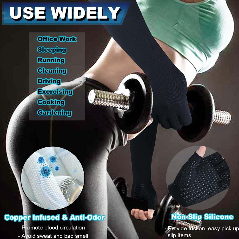 1Pair Long Copper Compression Arthritis Gloves,Arm&Hand Compression Gloves,Hand Support Sleeves For Carpal Tunnel,Hand Pain