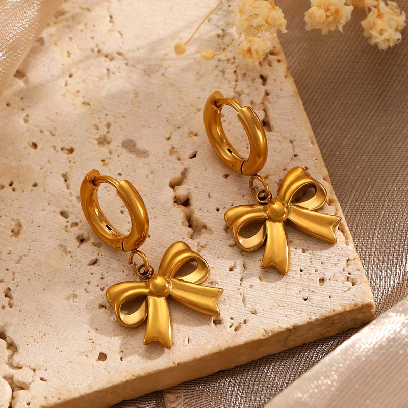 Stainless Steel Bowknot Hoop Huggie Earrings For Women Fashion Gold Color Hollow Bow Tie Drop Earrings Waterproof Jewelry Gifts