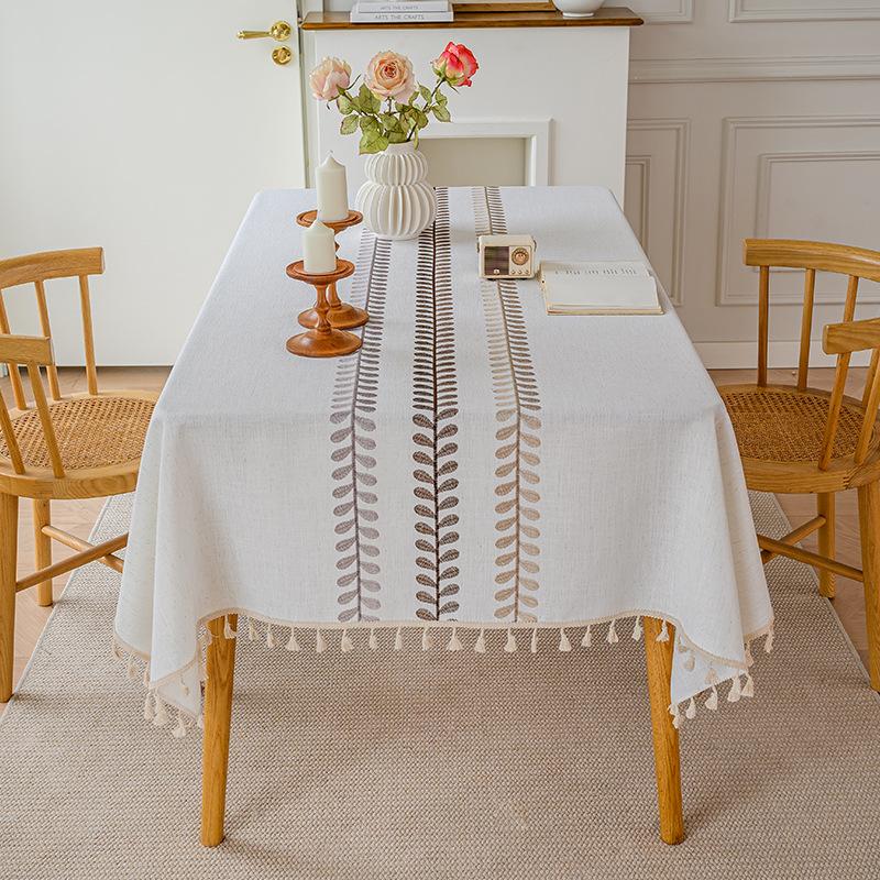 Embroidery High-Grade Waterproof Cotton And Linen Fabric Dining Table Cloth Rectangular Fringe Simple Tablecloth
