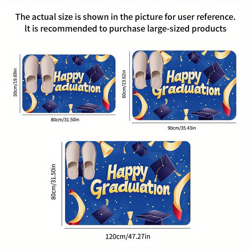 1pc Graduation Celebration Doormat - 0.47inch Thick Flannel Non-Slip Machine Washable Floor Mat with Blue Happy Graduation Desig