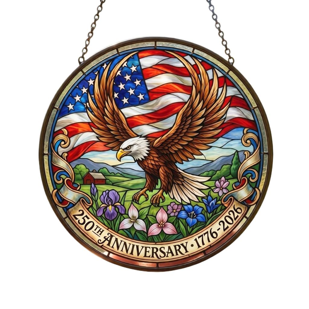 American 0th Anniversary Stained Glass Acrylic Suncatcher, Patriotic Flower Vase Window Hanging Decor