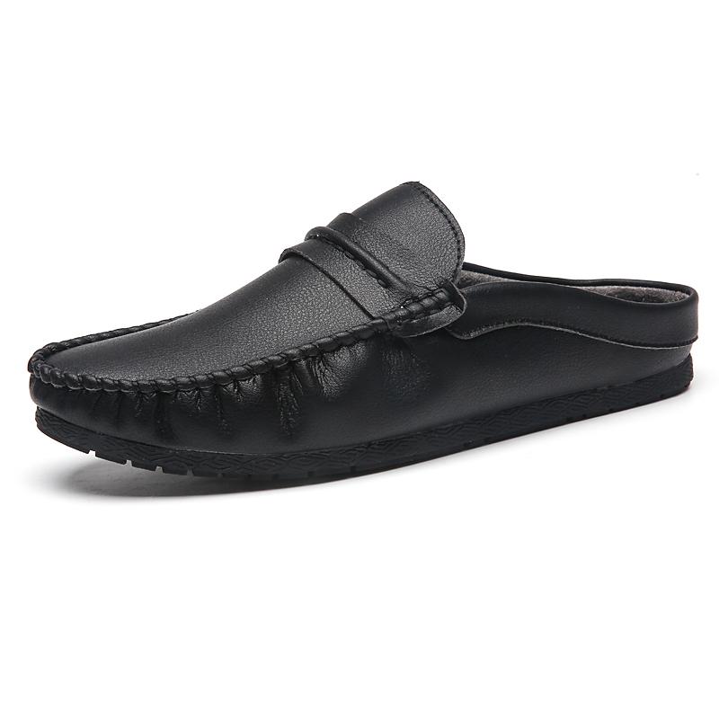 Summer Men'S Half Slippers Leather Slip On Shoes Lightweight Male Flats Casual Mules Moccasins Breathable Open-Back Loafers