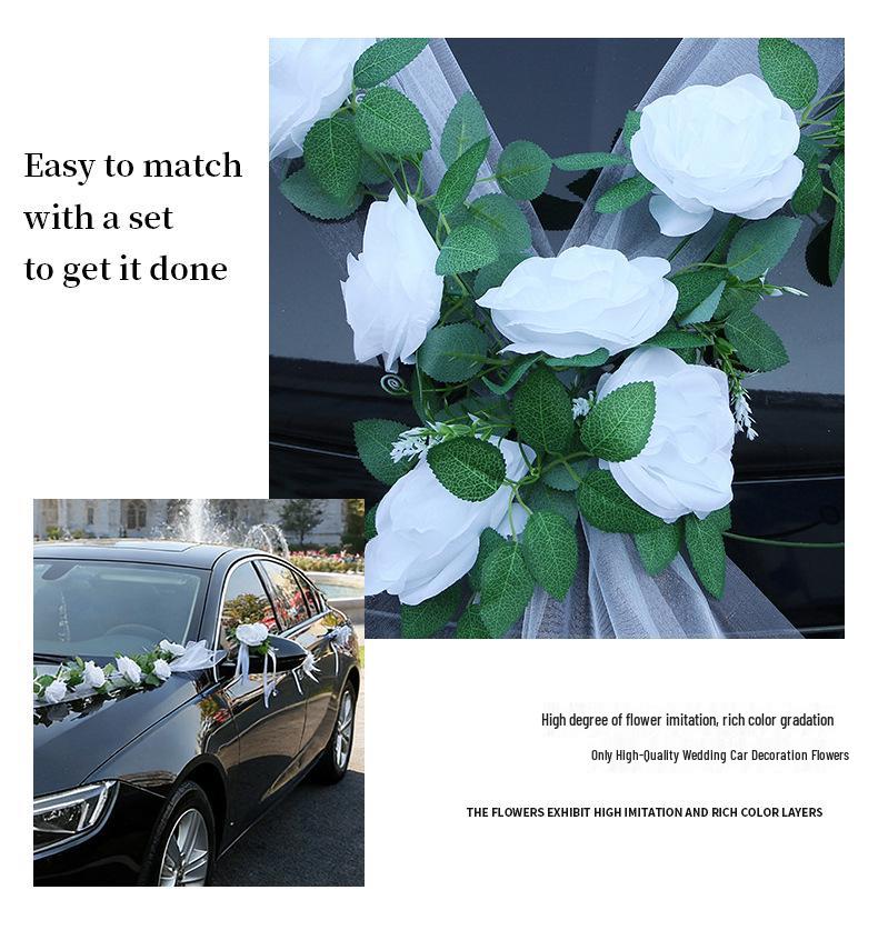 V-Shaped White Rose Wedding Car Decoration Set - Simulated Flowers for Car Hood & Veil Arrangement