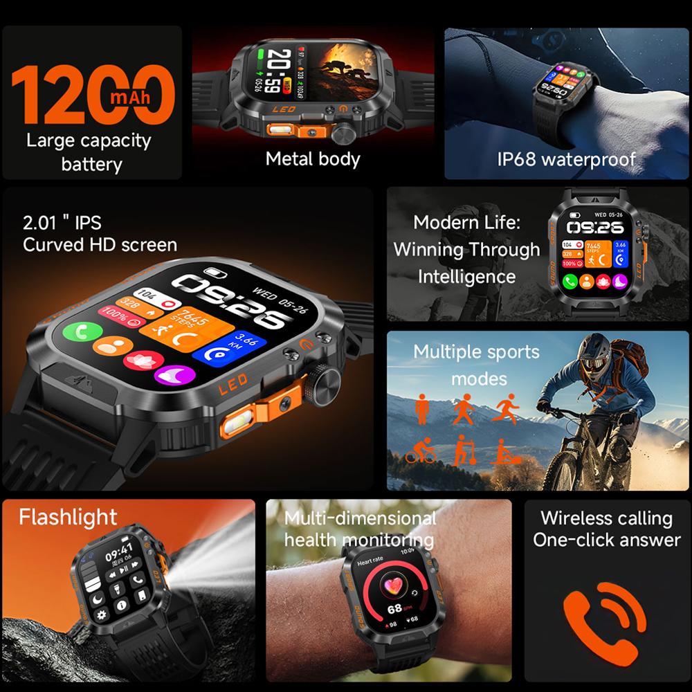 New Outdoor Sports SmartWatch Compass Sleep Monitoring LED Flashlight Heart Rate Blood Oxygen Bluetooth Call Smart Watch Men