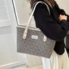 Casual Houndstooth Print Tote Bag, Large Capacity Shoulder Purse with Brown Leather Straps, Versatile for Everyday Work Outings