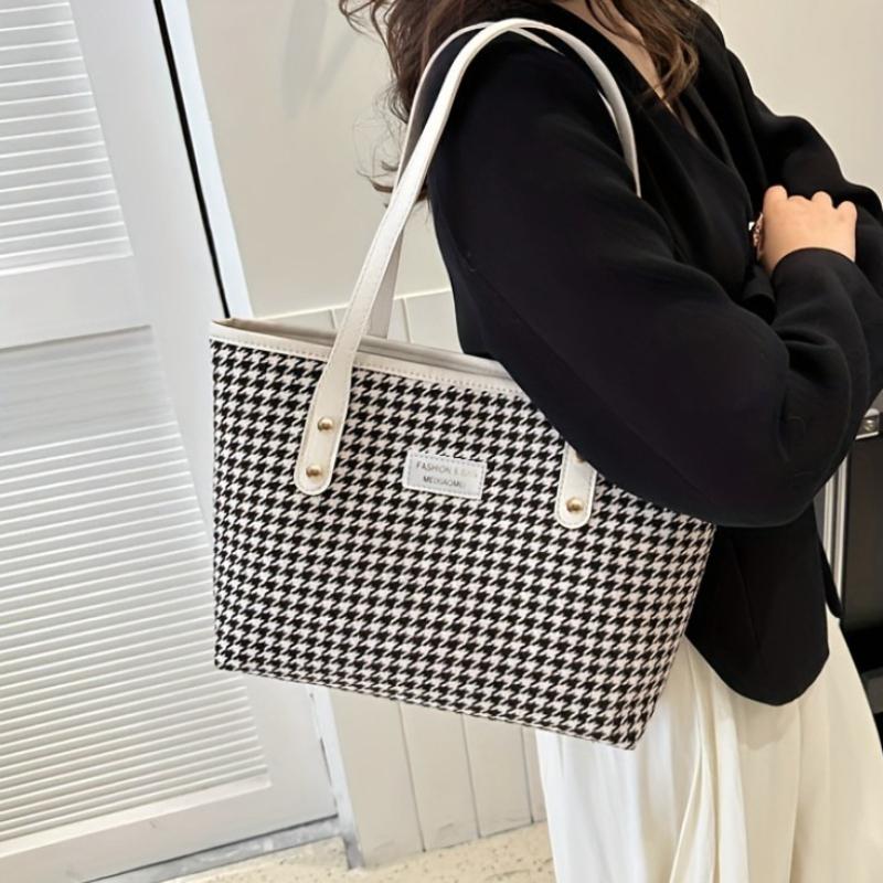Casual Houndstooth Print Tote Bag, Large Capacity Shoulder Purse with Brown Leather Straps, Versatile for Everyday Work Outings