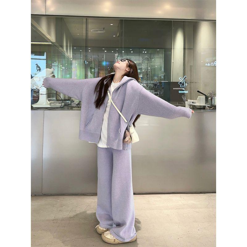 

Костюм в стиле idle Kumikumi, свободный кардиган с длинными рукавами, женский, осенний, с высокой талией, облегающий, свободные брюки, комплект из двух предметов Taro Purple Pants One size