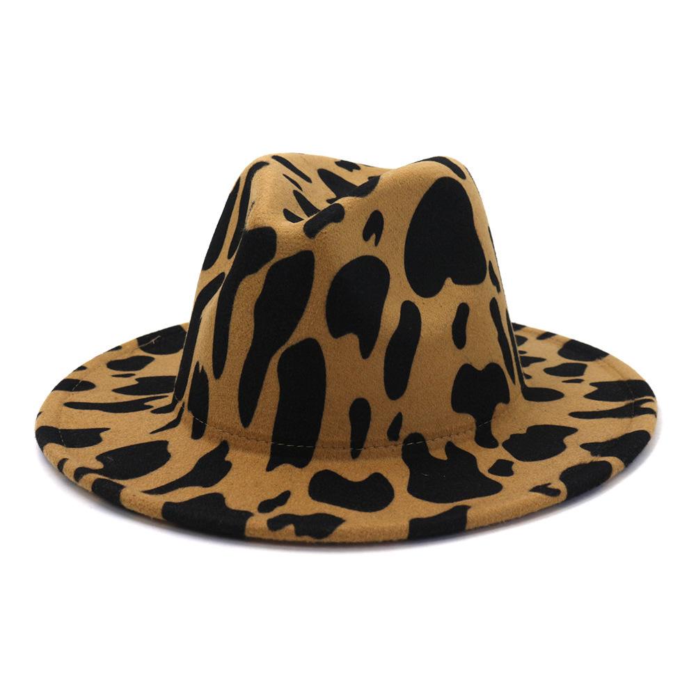 New Six-Color Cow Pattern Top Hat, Men'S And Women'S Color Matching Woolen Big Eave Hat, Jazz Hat, Stage Felt Hat
