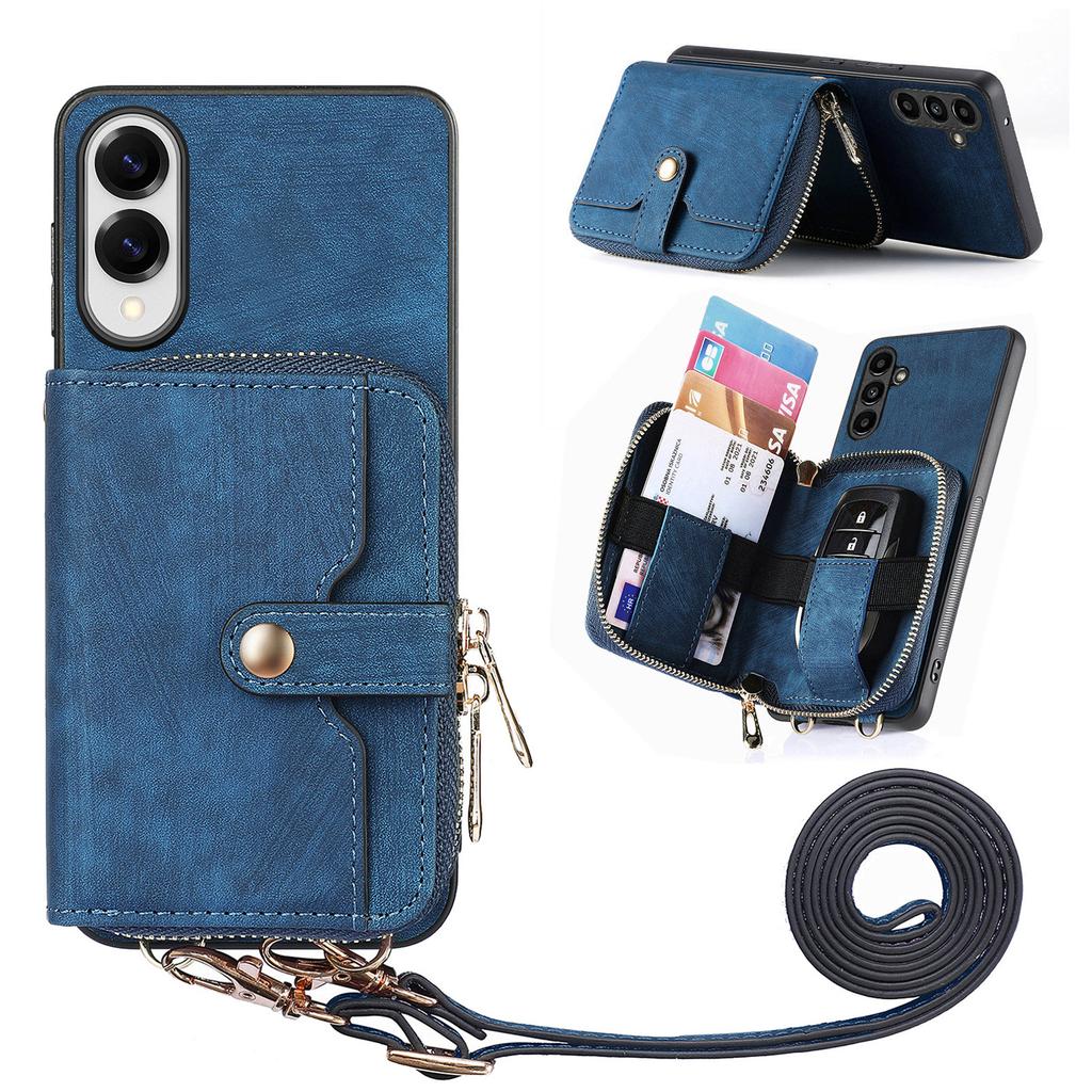For Samsung Galaxy S25 Edge PU Leather Phone Back Cover with Zipper Card Holder and Long Strap