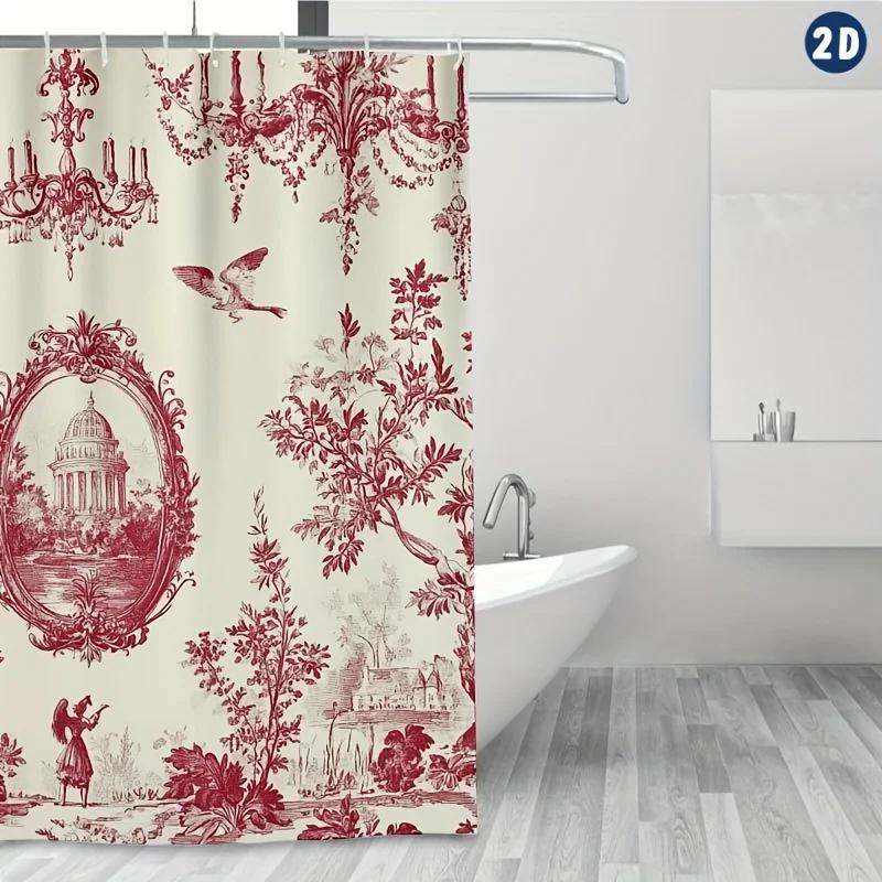 Elegant French Toile De Jouy Shower Curtain, Red Floral Chandeliers & Birds Design, Easy Clean For Bathroom Or Window Decor