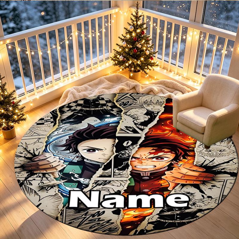 Custom Name Personalized Demon Slayer Print Round Rug, Versatile Home Decor Carpet, for Playroom, Apartment, Balcony, Entryway, Hallway Gift