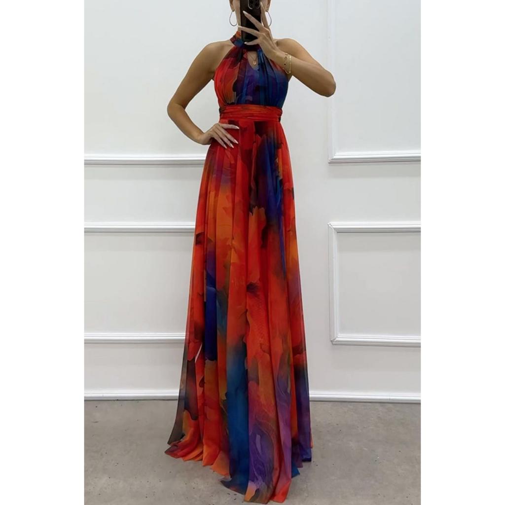 Women Halter Neck Sleeveless Printed Tie Waist Flowy Hem Dress, Casual Fashion Summer Dress for European American Women