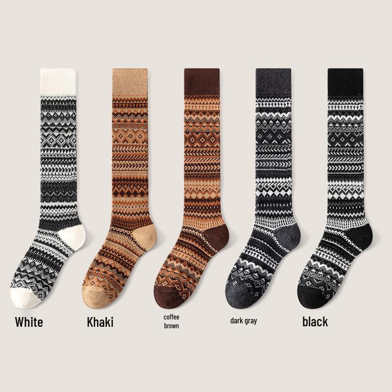 Double Needle Retro Ethnic Style Calf Socks - Warm, Trendy, Slimming Striped High-Top Cotton for Autumn & Winter