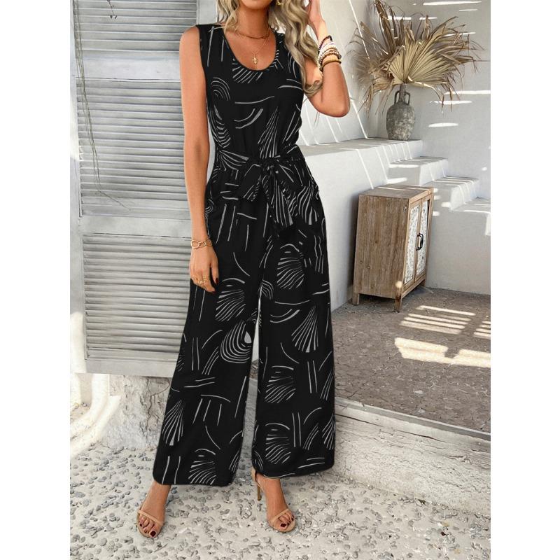 Summer Leisure and Vacation Style Printed High Waist Pocket Jumpsuits