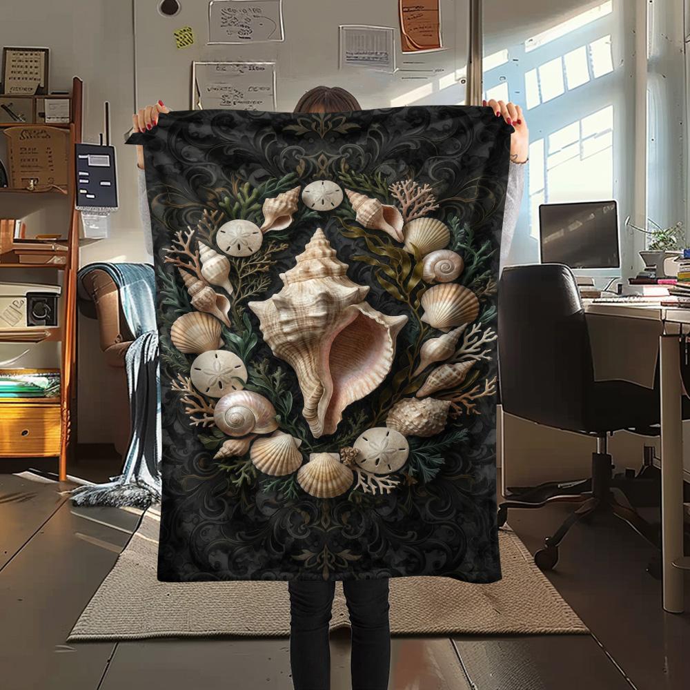 1PC Seashell  Print FlAannel Blanket, High quality Comfortable for All Seasons, Home Decor, Warmth and Comfort