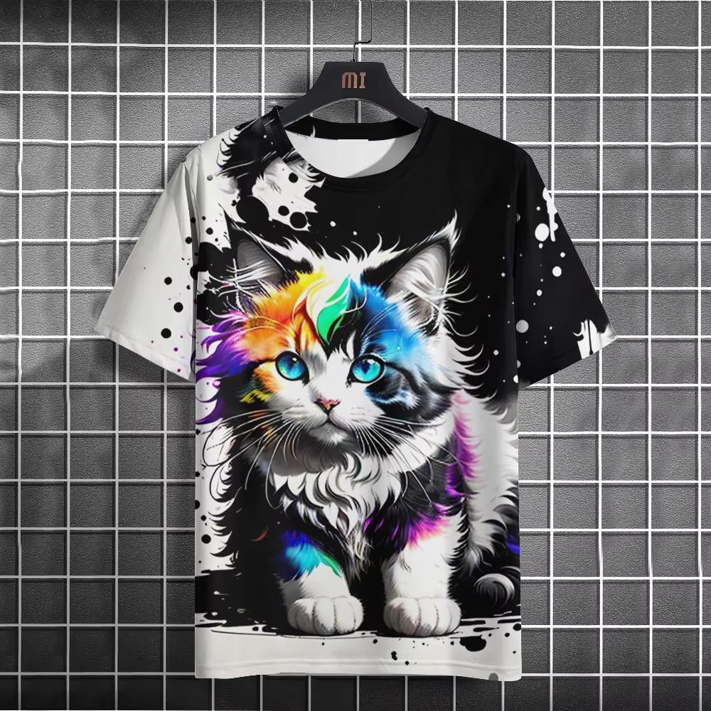 2025 Summer New Men's Cartoon Cute Cat Pattern 3D Printed Short Sleeved Round Neck T-Shirt Casual Quick Drying Neutral Clothing