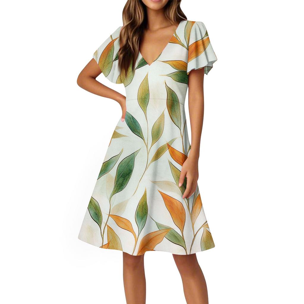 Women's Dress Flared Sleeve Short Sleeve Casual Floral V-neck Dress
