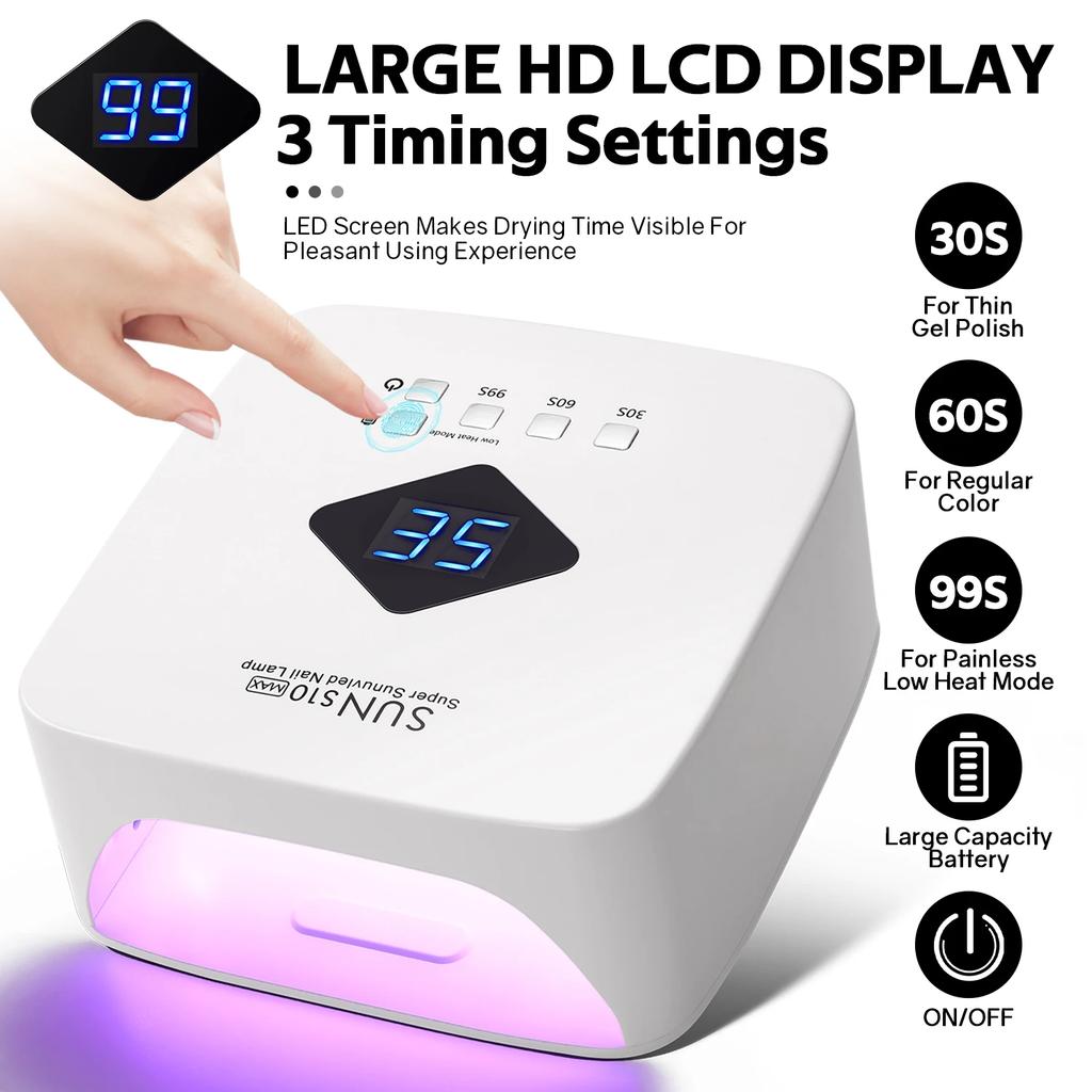 Rechargeable UV LED Nail Lamp for Gel Nails Cordless Lamp for Manicure with LCD Display 3 Timer Settings for Home Salon