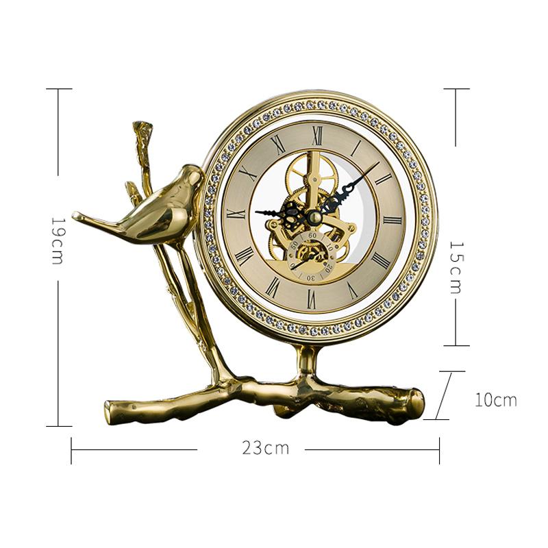 Luxury 6inch Gold Table Clock with Bird Design, Vintage Mechanical Skeleton Desk Clock, European Style Metal Art Ornament