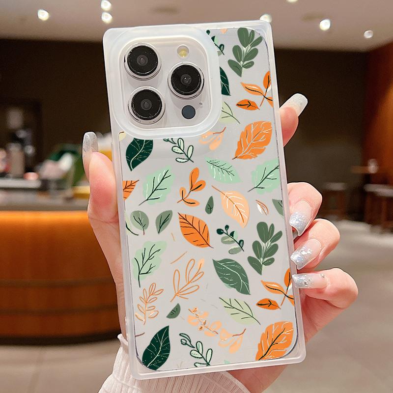 Frosted Square Transparent Phone Case for iPhone 16 Pro 15 14 Plus 13 12 Pro Max 11 Tree Leaves Floral Pattern Tpu Soft Shockproof Slim Cover