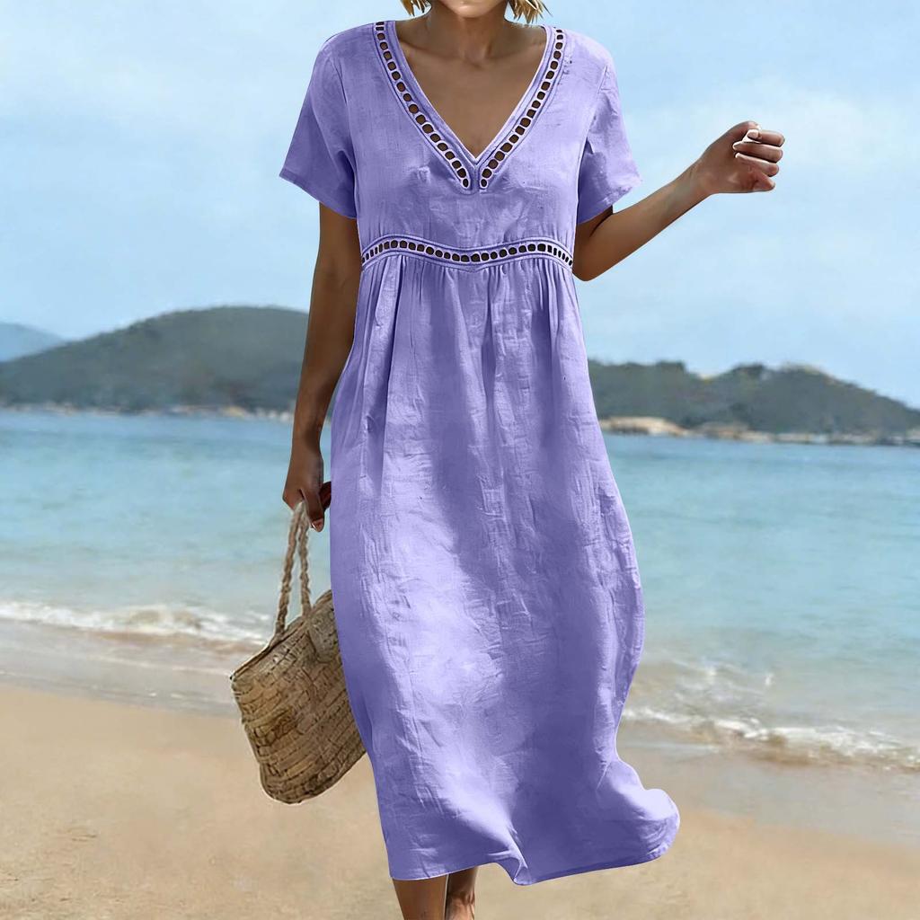 Women’s Summer V Neck Short Sleeve Cotton Linen Dress Hollow Lace Trim Loose Fit Midi Casual Dress for Daily Wear