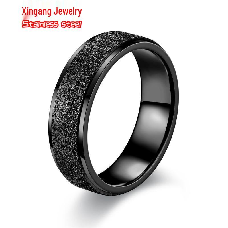 Minimalist European-American Stainless Steel Pearl Diamond Sandblast Ring - Non-Fading, Elegant Design for Couples