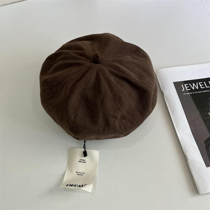 Autumn and winter corduroy black beret women's big head circumference bud hat showing face small painter hat pumpkin hat
